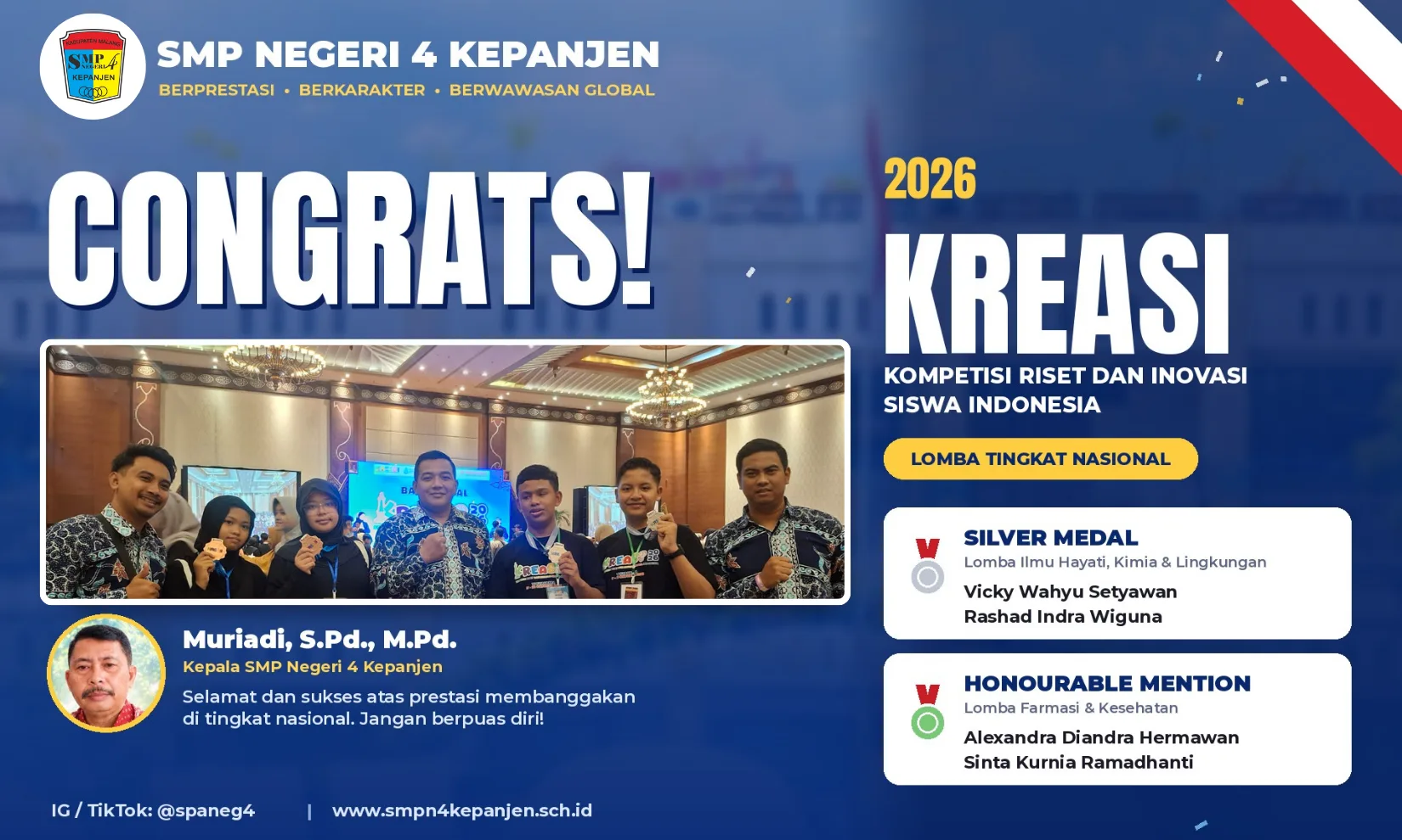 Dua Tim SMPN 4 Kepanjen Raih Medali Perak dan Honourable Mention di KREASI 2026